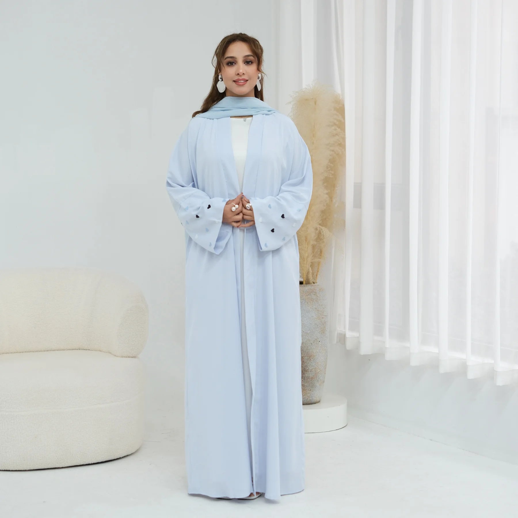Eid Women Abaya Cardigan Love Heart Embroidery Open Dress Muslim Jalabiya Ramadan Party Caftan Arab Long Robe Morocco Kaftan