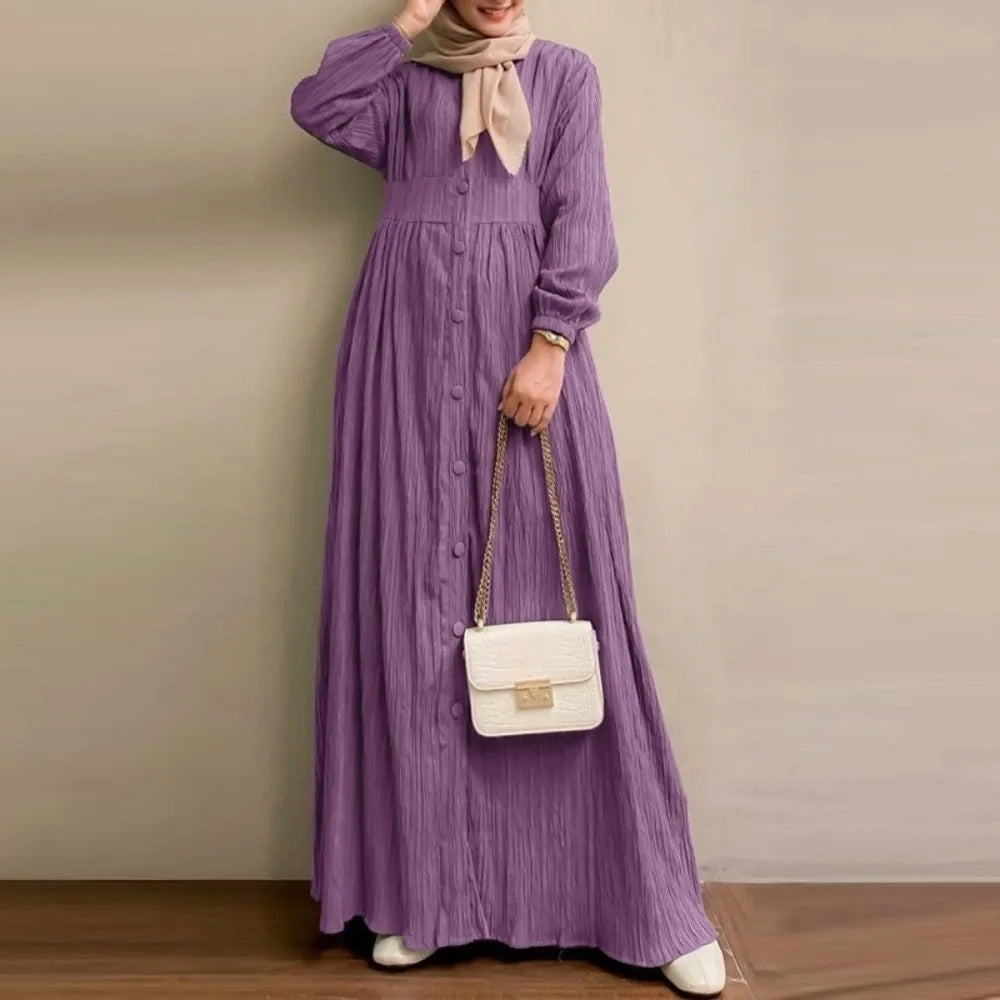 Muslim Abaya Dress Retro Long Sleeved Solid Color Long Dress Moderately Loose Long Dress for Daily Wear