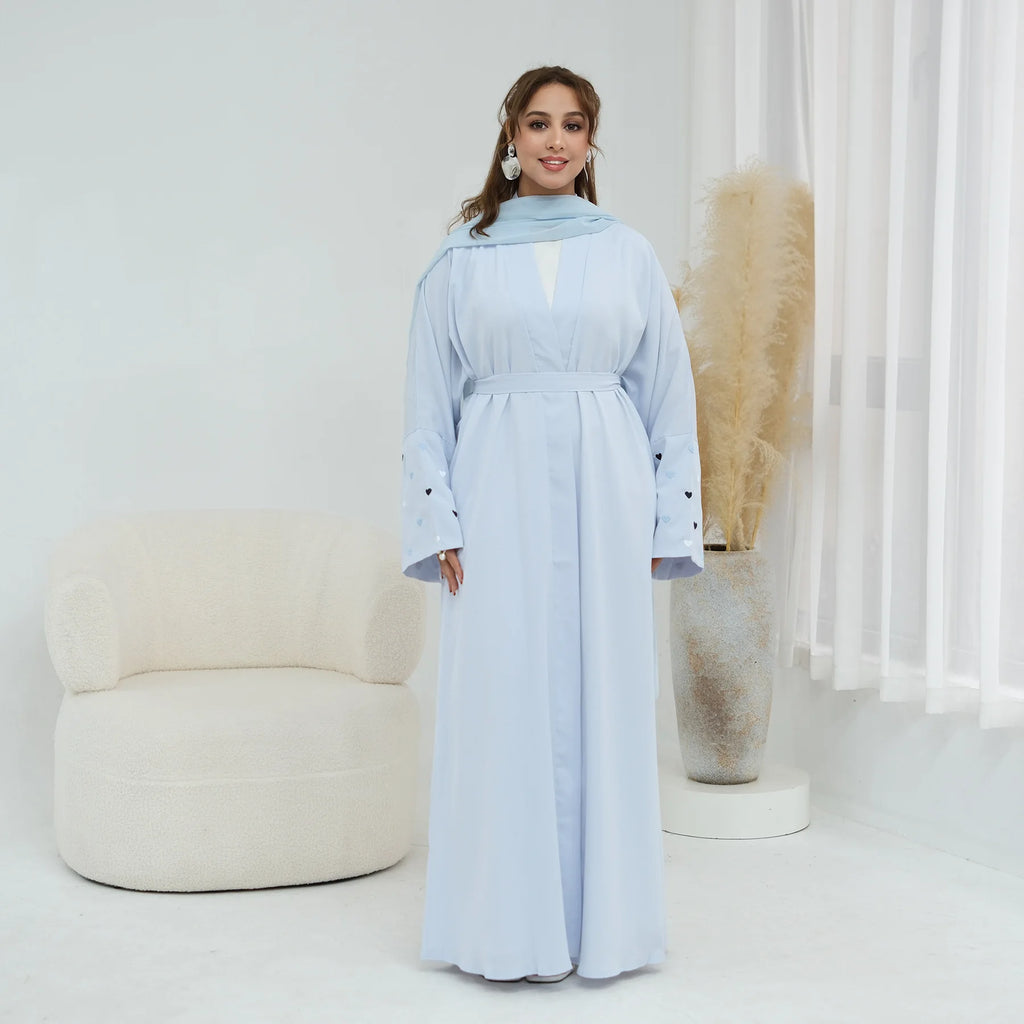 Eid Women Abaya Cardigan Love Heart Embroidery Open Dress Muslim Jalabiya Ramadan Party Caftan Arab Long Robe Morocco Kaftan