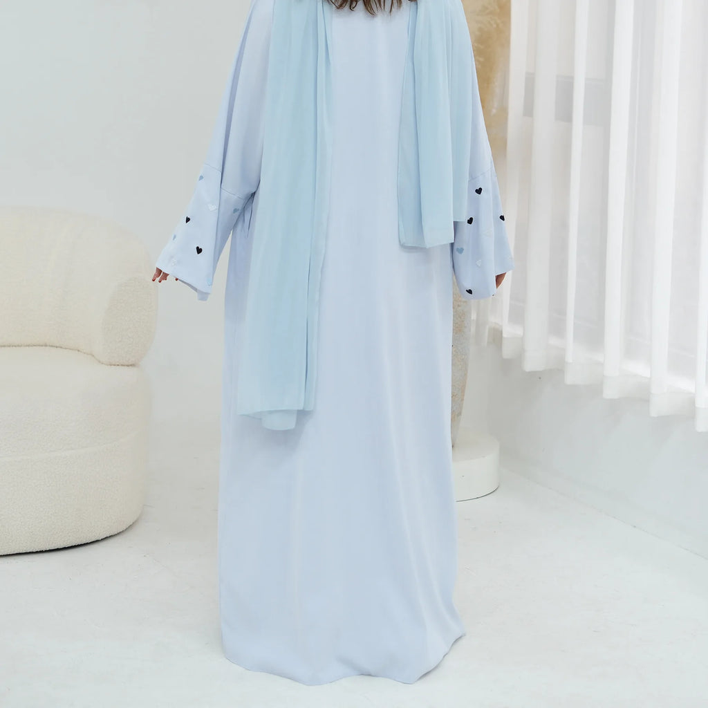 Eid Women Abaya Cardigan Love Heart Embroidery Open Dress Muslim Jalabiya Ramadan Party Caftan Arab Long Robe Morocco Kaftan