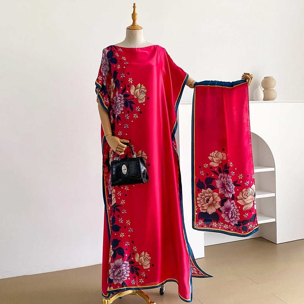 Fashion Dubai Abaya For Women Summer Short Sleeve Cotton Print Dress Loose Lady Maxi Islam African Dress With Big Scarf