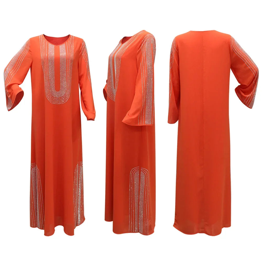 Saudi Arabic Party Dress for Women Abaya Muslim Diamond Hijab Dresses Set 2 Piece Vestidos Mujer Morocco Kaftan Abayas Robe