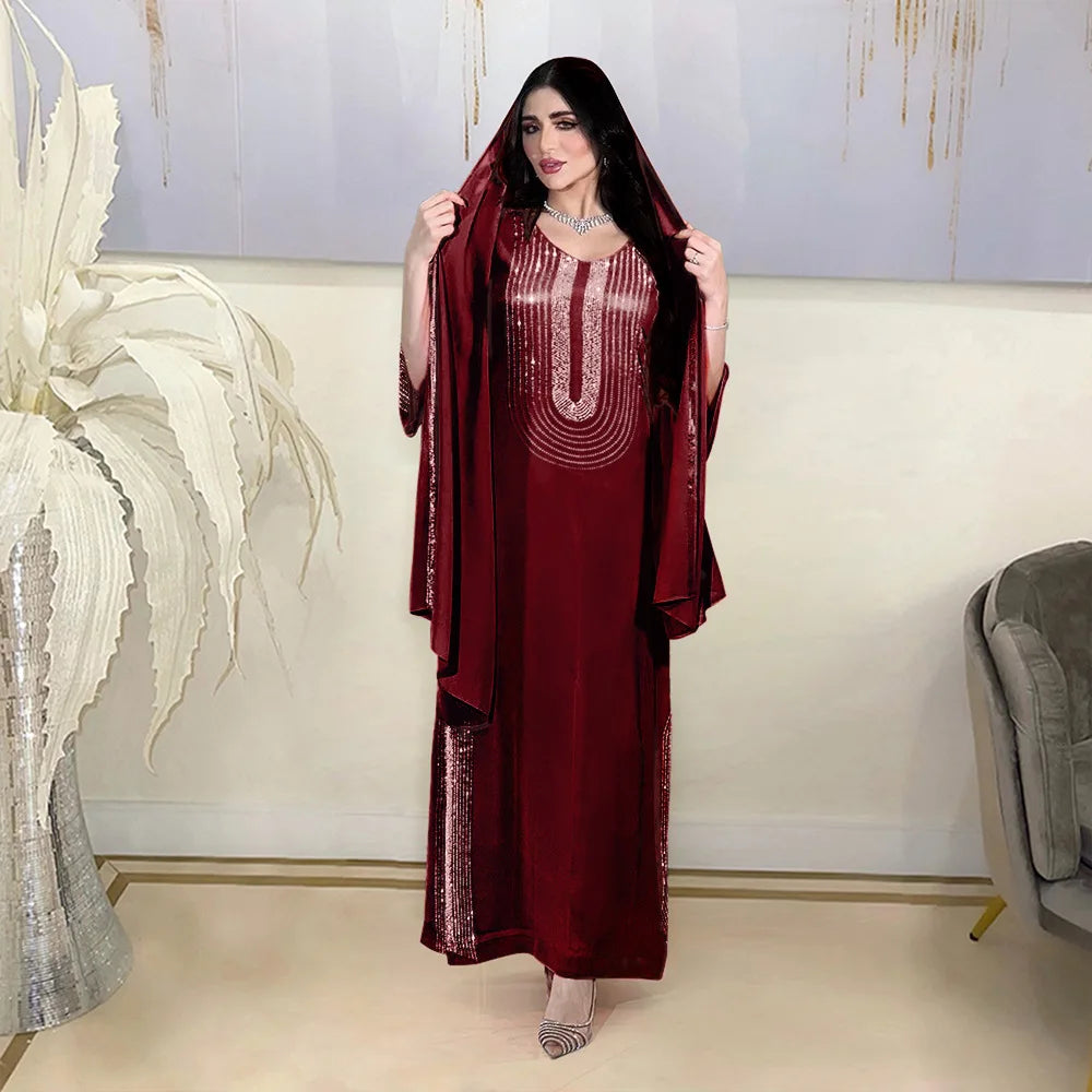 Saudi Arabic Party Dress for Women Abaya Muslim Diamond Hijab Dresses Set 2 Piece Vestidos Mujer Morocco Kaftan Abayas Robe