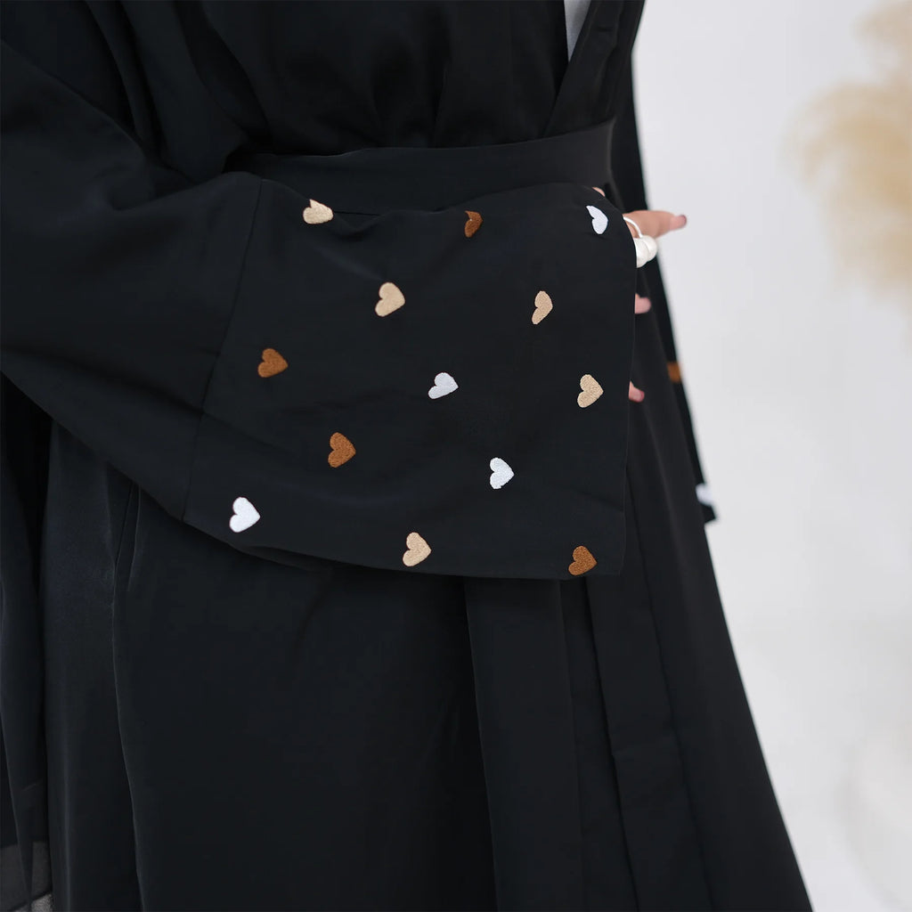Eid Women Abaya Cardigan Love Heart Embroidery Open Dress Muslim Jalabiya Ramadan Party Caftan Arab Long Robe Morocco Kaftan