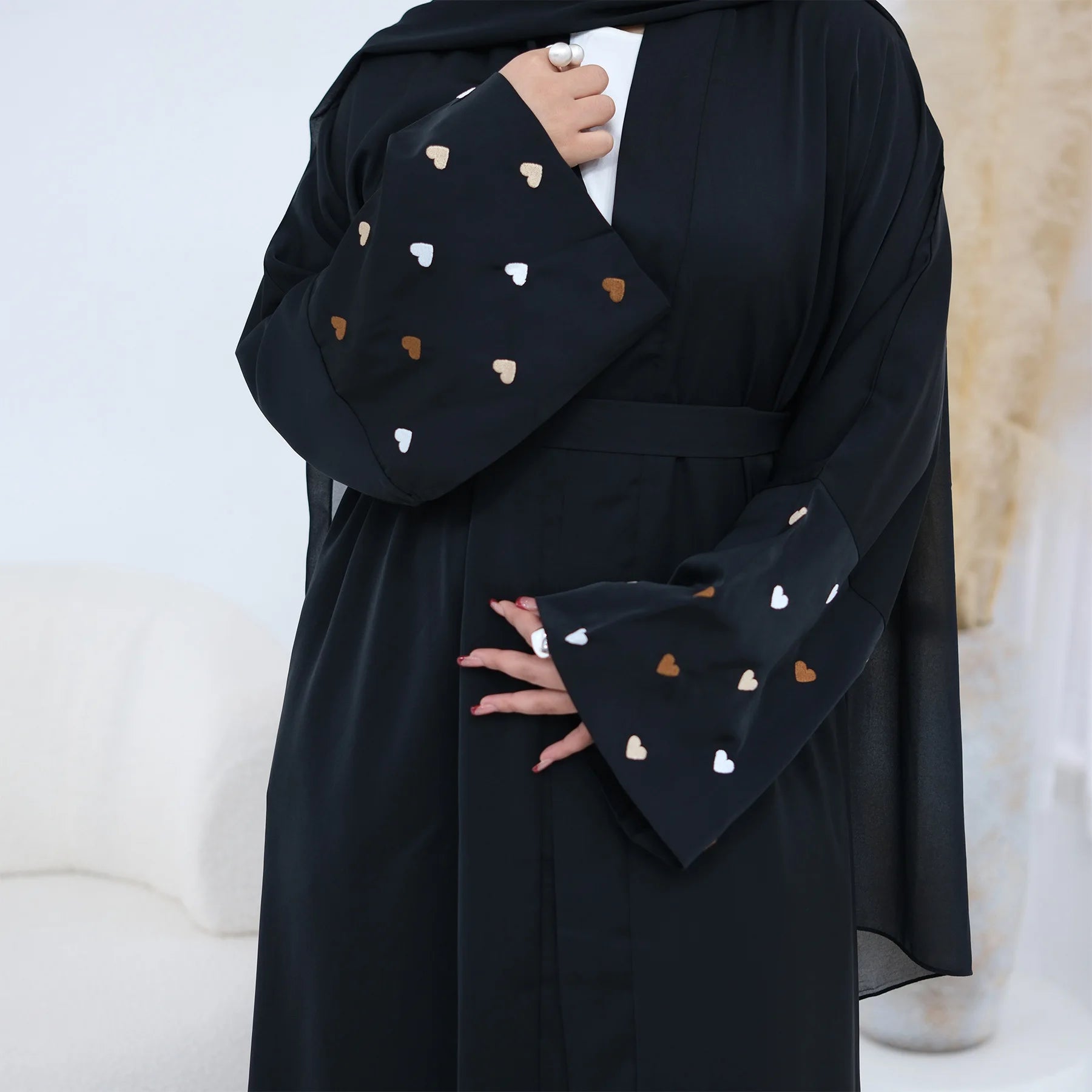 Eid Women Abaya Cardigan Love Heart Embroidery Open Dress Muslim Jalabiya Ramadan Party Caftan Arab Long Robe Morocco Kaftan