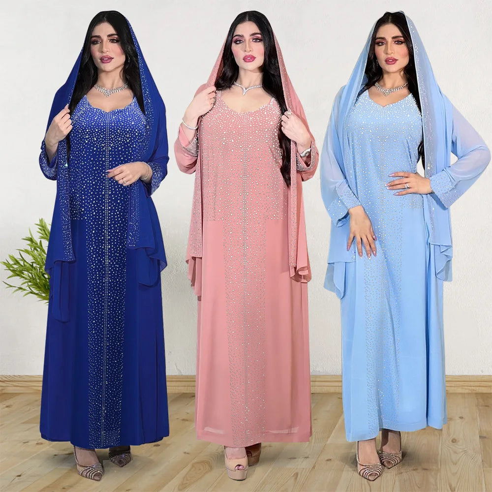 Saudi Arabic Party Dress for Women Abaya Muslim Diamond Hijab Dresses Set 2 Piece Vestidos Mujer Morocco Kaftan Abayas Robe
