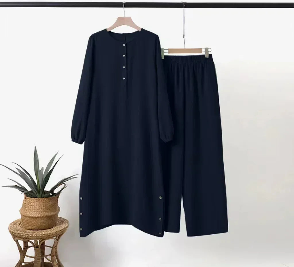 Muslim Abaya Suit Elegant Women Matching Sets Fashion Long Shirt Tops & Wide Leg Pants Ramadan Outfits Urban Tracksuits