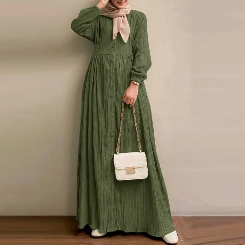 Muslim Abaya Dress Retro Long Sleeved Solid Color Long Dress Moderately Loose Long Dress for Daily Wear
