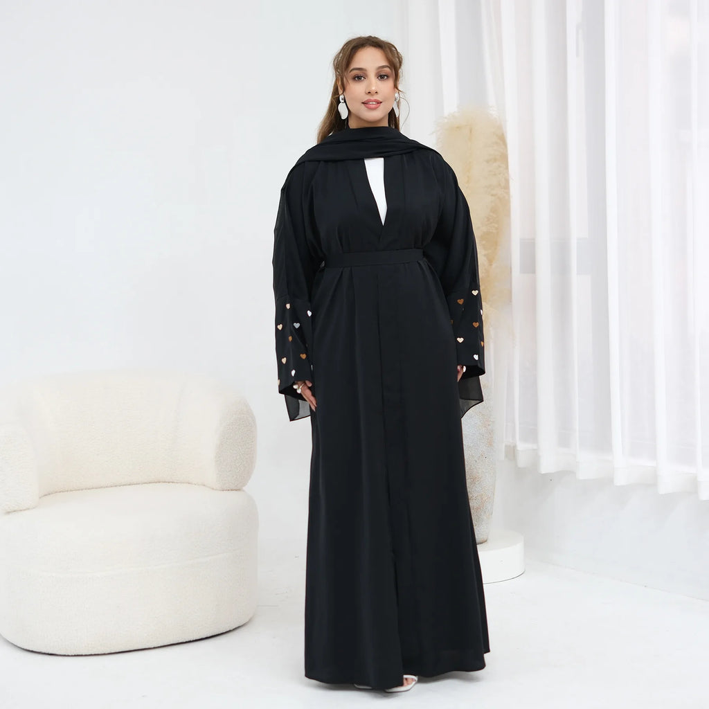 Eid Women Abaya Cardigan Love Heart Embroidery Open Dress Muslim Jalabiya Ramadan Party Caftan Arab Long Robe Morocco Kaftan