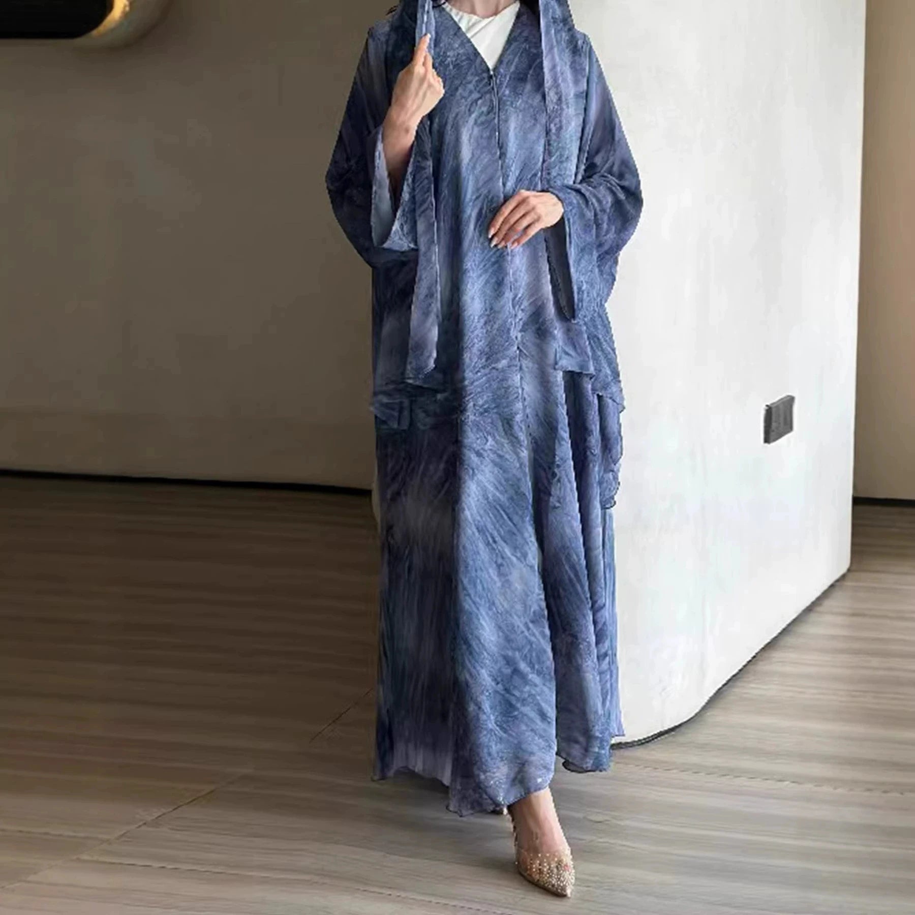 No headscarf; women's fashion Middle East Muslim tie-dye print spring and summer leisure long-sleeved coat robe elegant dress