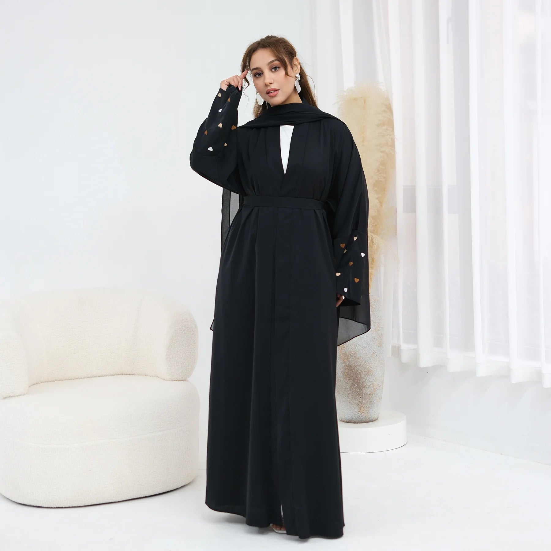 Eid Women Abaya Cardigan Love Heart Embroidery Open Dress Muslim Jalabiya Ramadan Party Caftan Arab Long Robe Morocco Kaftan