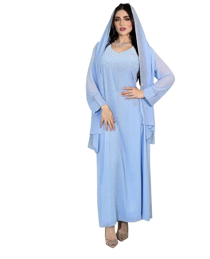 Saudi Arabic Party Dress for Women Abaya Muslim Diamond Hijab Dresses Set 2 Piece Vestidos Mujer Morocco Kaftan Abayas Robe