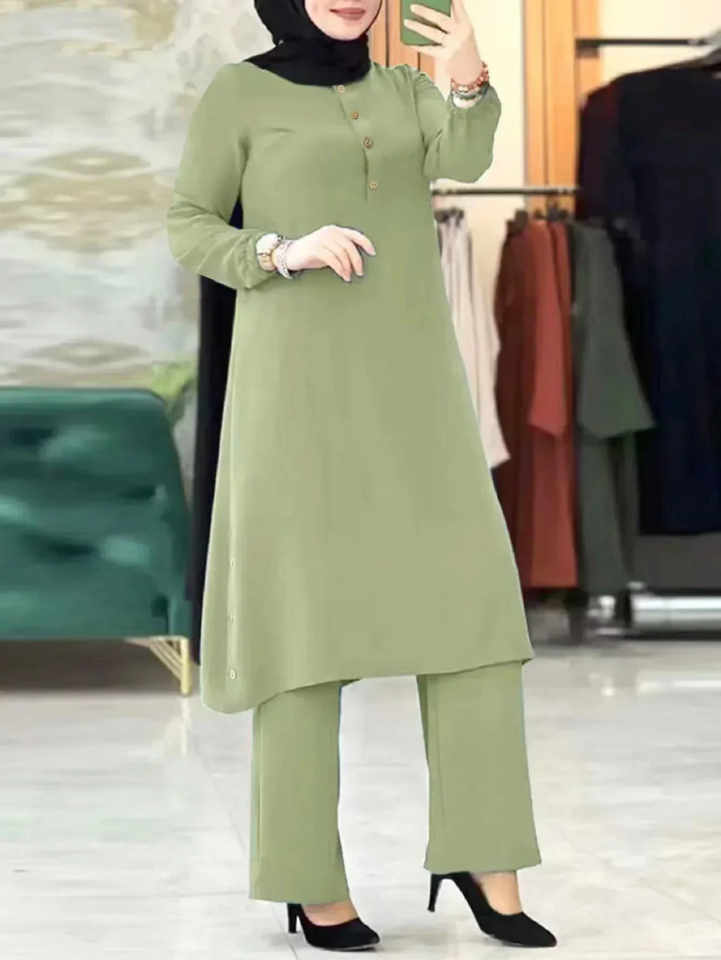 Muslim Abaya Suit Elegant Women Matching Sets Fashion Long Shirt Tops & Wide Leg Pants Ramadan Outfits Urban Tracksuits