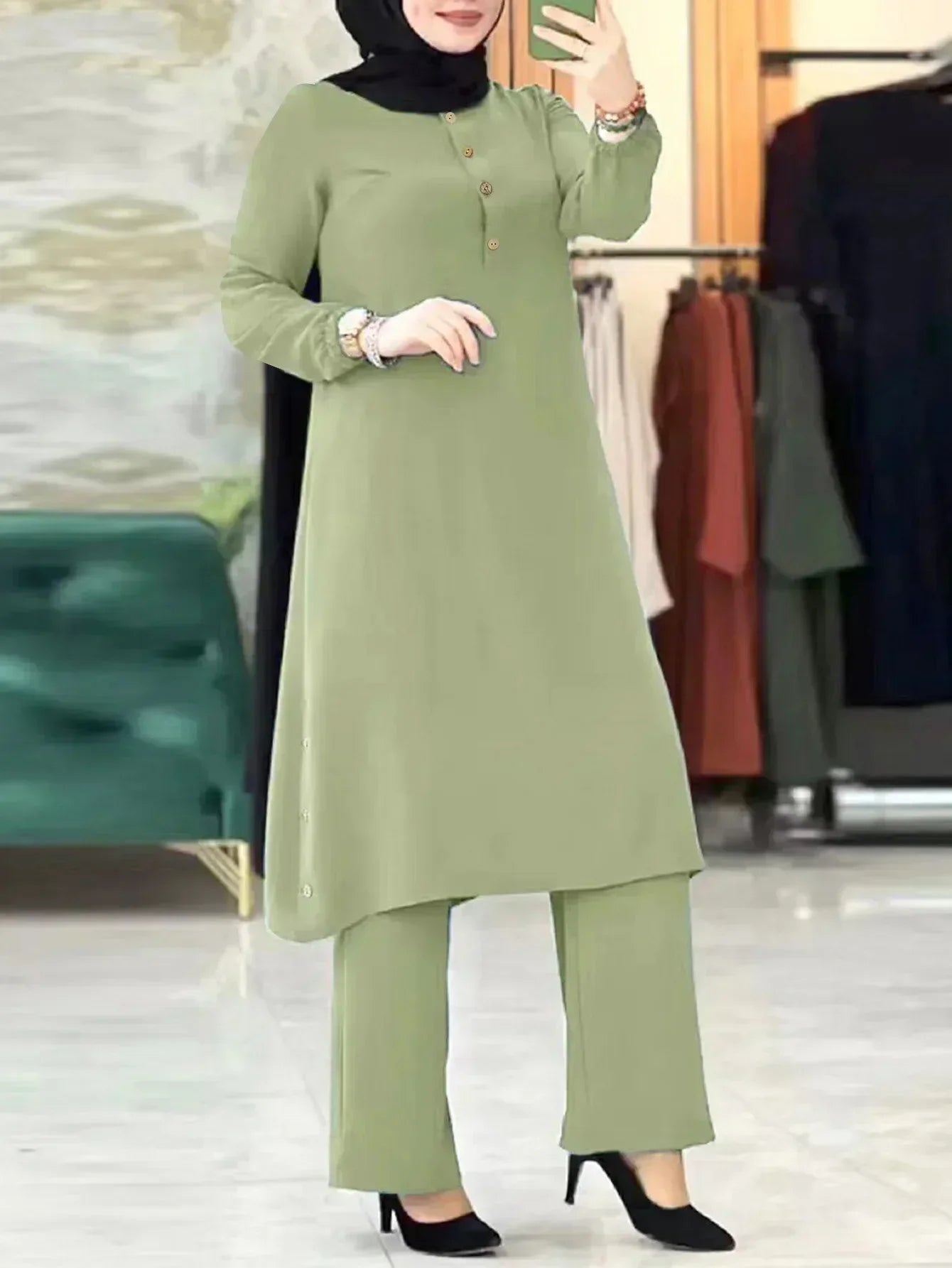 Muslim Abaya Suit Elegant Women Matching Sets Fashion Long Shirt Tops & Wide Leg Pants Ramadan Outfits Urban Tracksuits