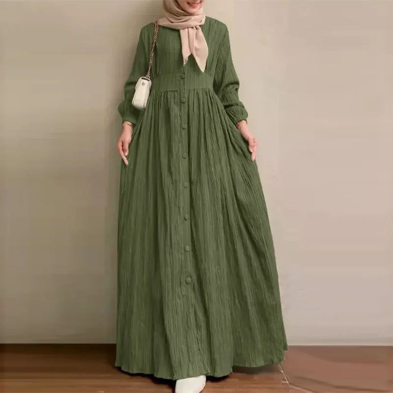 Muslim Abaya Dress Retro Long Sleeved Solid Color Long Dress Moderately Loose Long Dress for Daily Wear