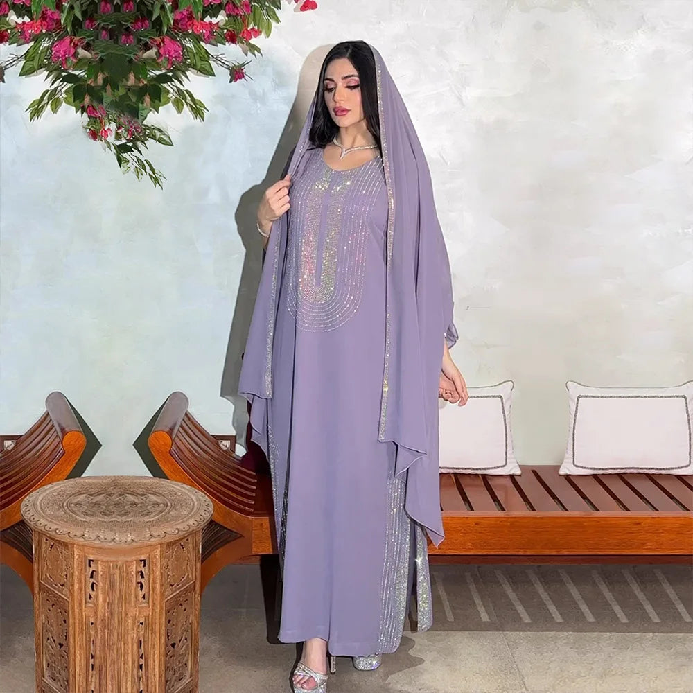 Saudi Arabic Party Dress for Women Abaya Muslim Diamond Hijab Dresses Set 2 Piece Vestidos Mujer Morocco Kaftan Abayas Robe
