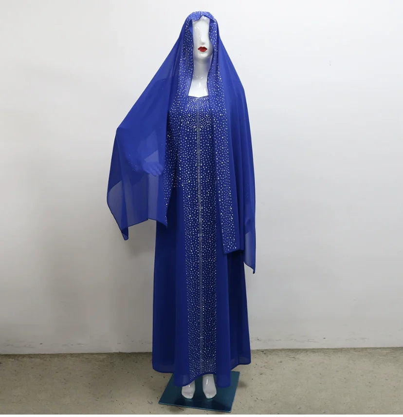 Saudi Arabic Party Dress for Women Abaya Muslim Diamond Hijab Dresses Set 2 Piece Vestidos Mujer Morocco Kaftan Abayas Robe