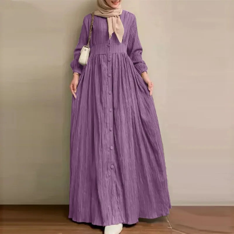 Muslim Abaya Dress Retro Long Sleeved Solid Color Long Dress Moderately Loose Long Dress for Daily Wear