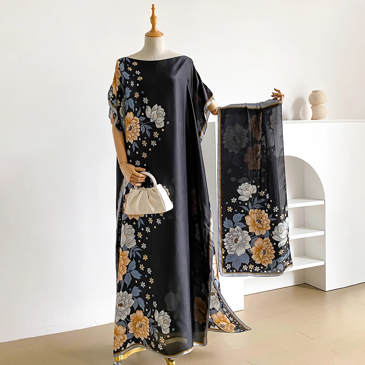 Fashion Dubai Abaya For Women Summer Short Sleeve Cotton Print Dress Loose Lady Maxi Islam African Dress With Big Scarf