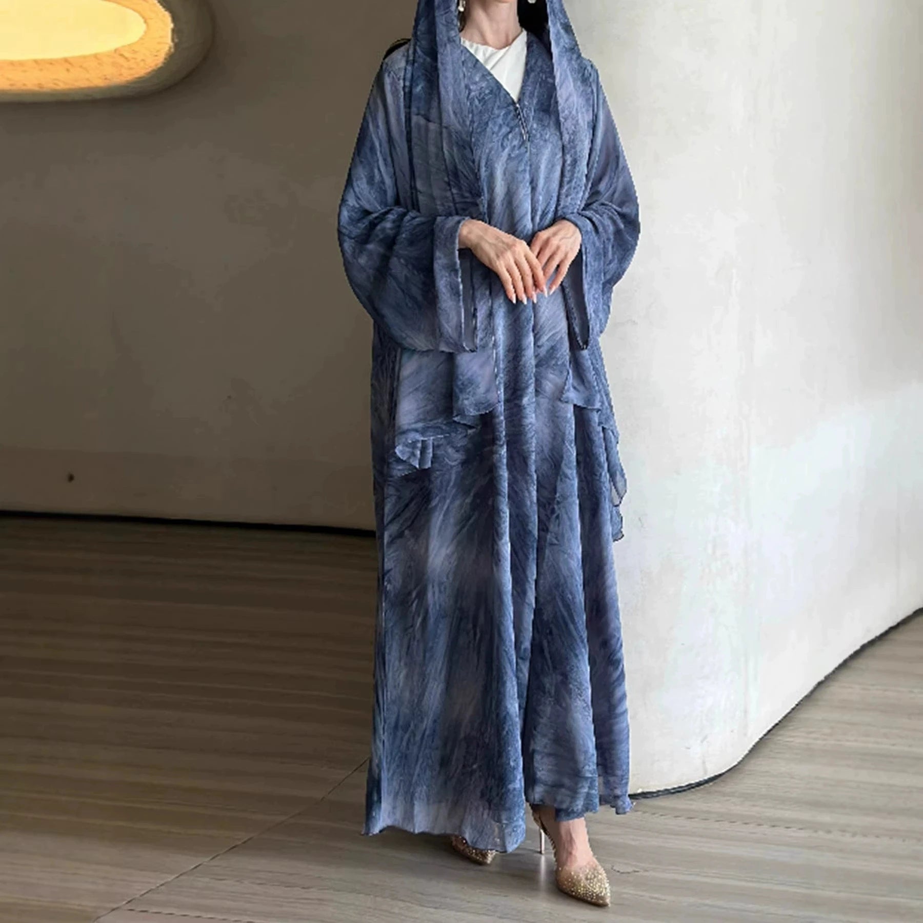 No headscarf; women's fashion Middle East Muslim tie-dye print spring and summer leisure long-sleeved coat robe elegant dress