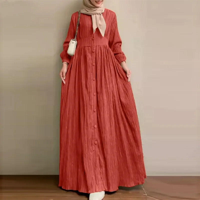 Muslim Abaya Dress Retro Long Sleeved Solid Color Long Dress Moderately Loose Long Dress for Daily Wear