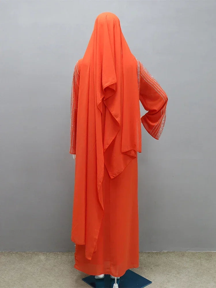 Saudi Arabic Party Dress for Women Abaya Muslim Diamond Hijab Dresses Set 2 Piece Vestidos Mujer Morocco Kaftan Abayas Robe