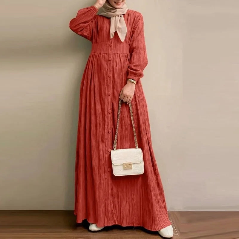 Muslim Abaya Dress Retro Long Sleeved Solid Color Long Dress Moderately Loose Long Dress for Daily Wear
