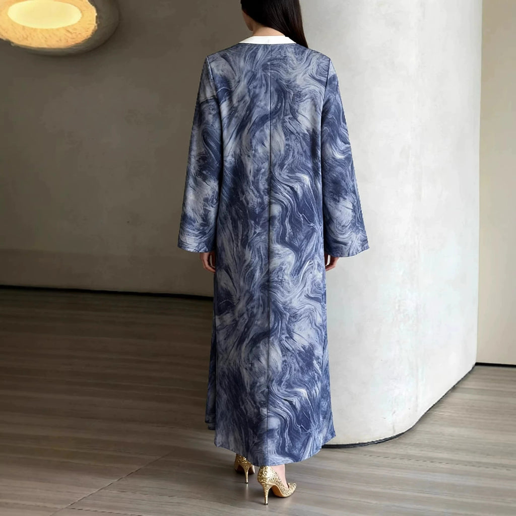 No headscarf; women's fashion Middle East Muslim tie-dye print spring and summer leisure long-sleeved coat robe elegant dress