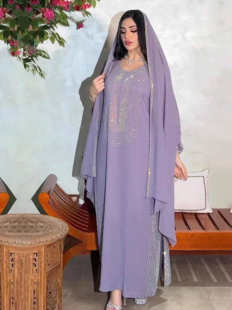 Saudi Arabic Party Dress for Women Abaya Muslim Diamond Hijab Dresses Set 2 Piece Vestidos Mujer Morocco Kaftan Abayas Robe