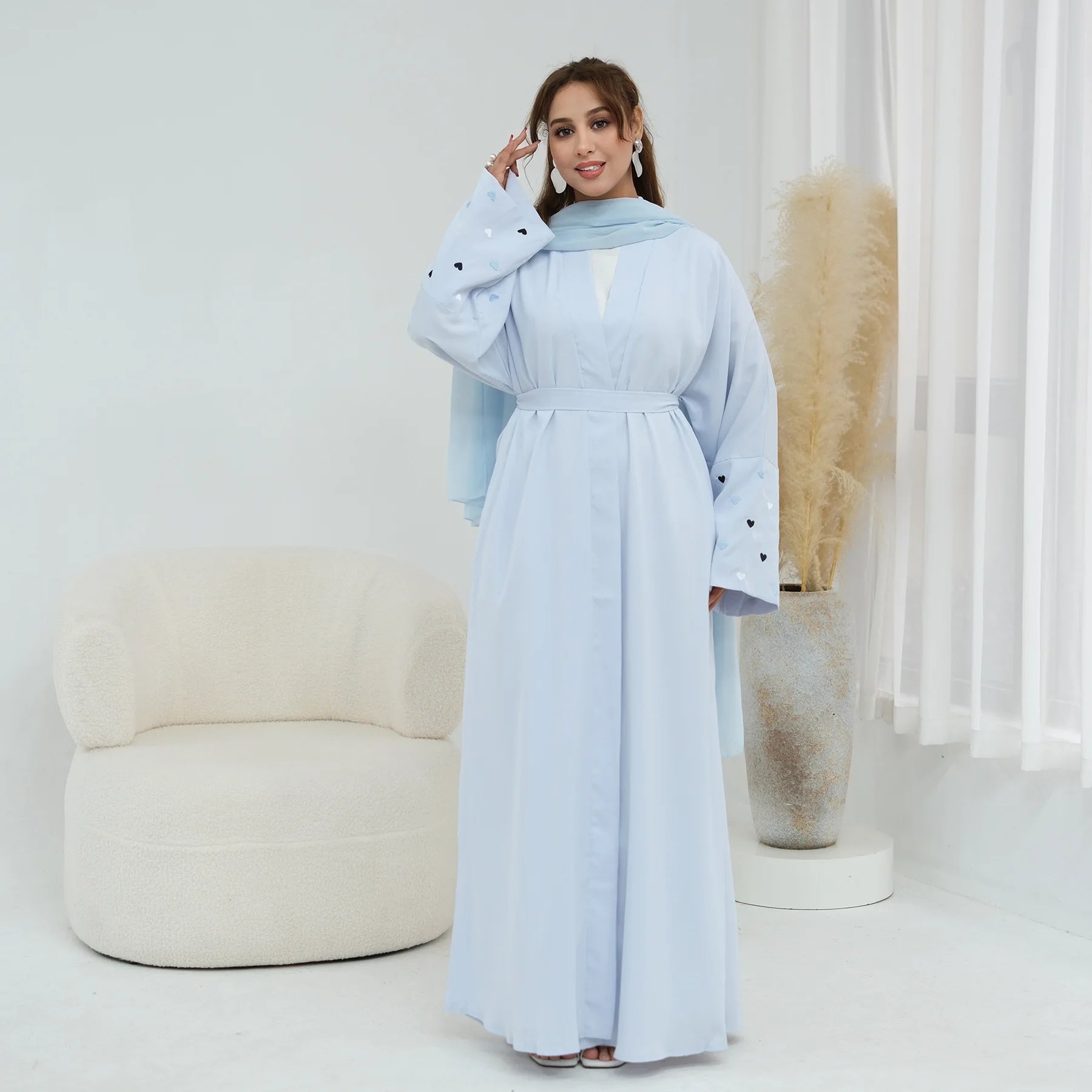 Eid Women Abaya Cardigan Love Heart Embroidery Open Dress Muslim Jalabiya Ramadan Party Caftan Arab Long Robe Morocco Kaftan