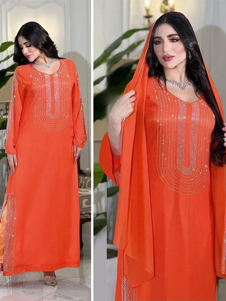 Saudi Arabic Party Dress for Women Abaya Muslim Diamond Hijab Dresses Set 2 Piece Vestidos Mujer Morocco Kaftan Abayas Robe