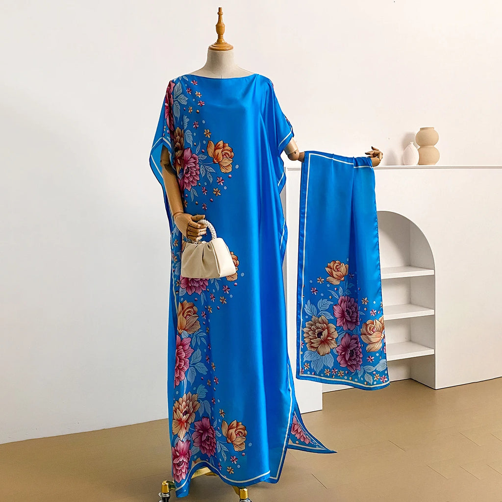 Fashion Dubai Abaya For Women Summer Short Sleeve Cotton Print Dress Loose Lady Maxi Islam African Dress With Big Scarf