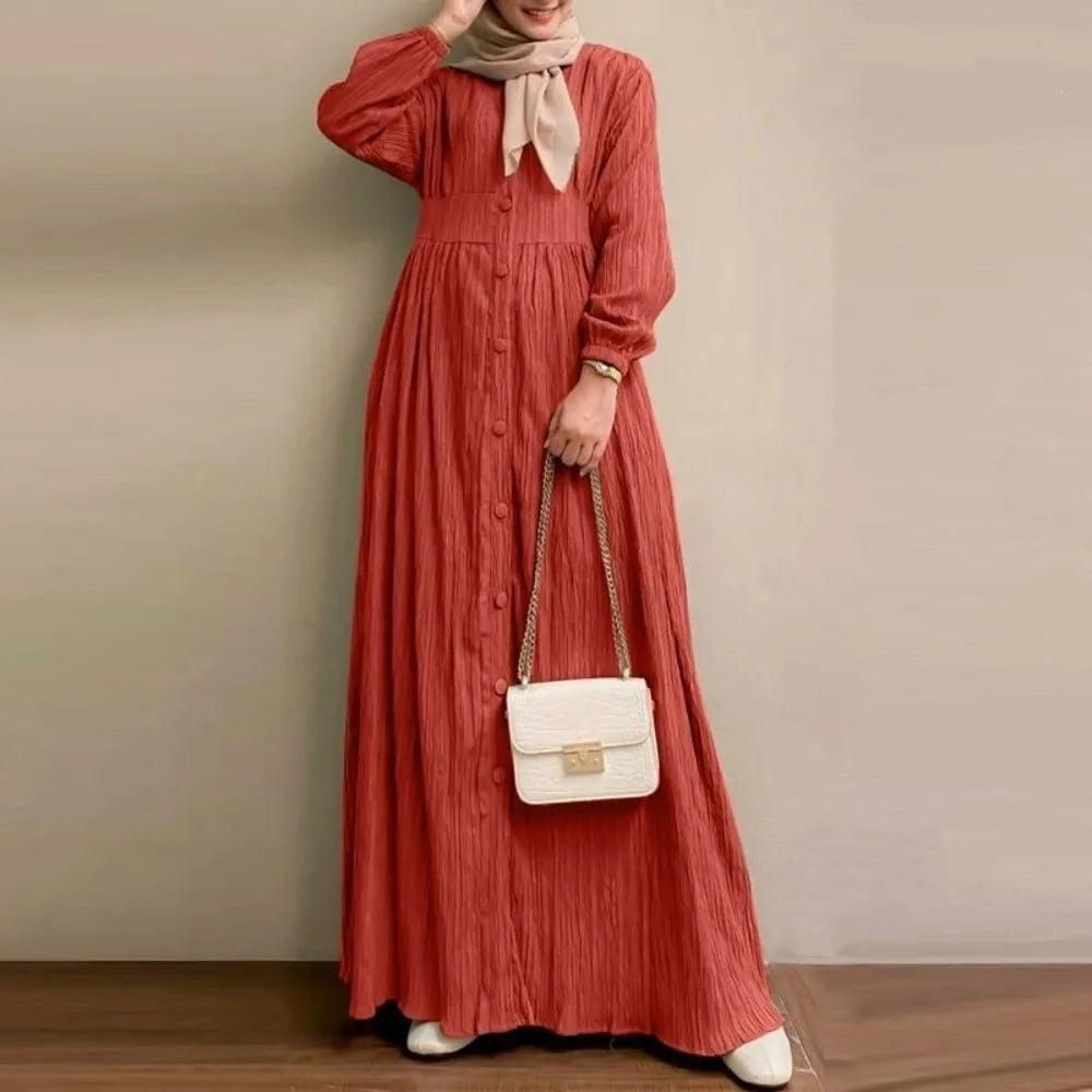 Muslim Abaya Dress Retro Long Sleeved Solid Color Long Dress Moderately Loose Long Dress for Daily Wear