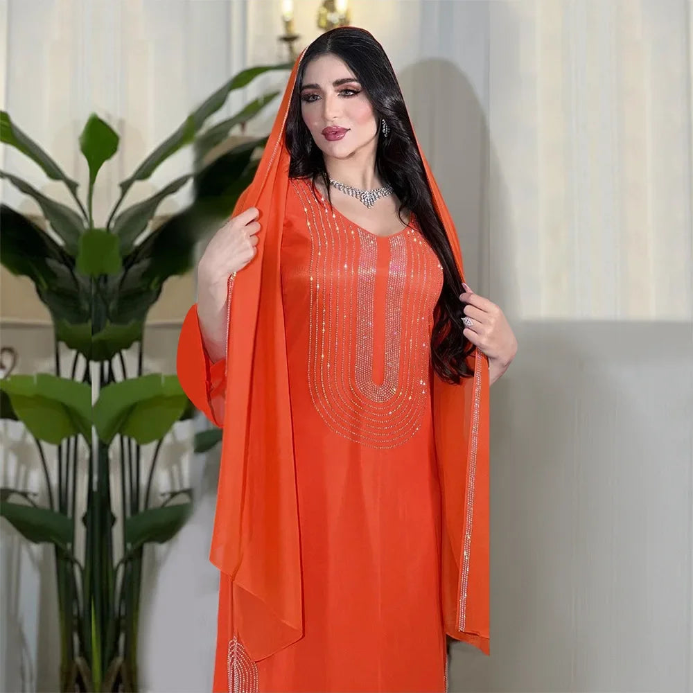 Saudi Arabic Party Dress for Women Abaya Muslim Diamond Hijab Dresses Set 2 Piece Vestidos Mujer Morocco Kaftan Abayas Robe