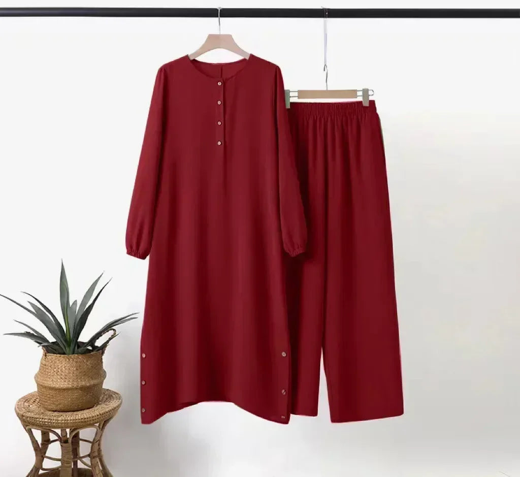 Muslim Abaya Suit Elegant Women Matching Sets Fashion Long Shirt Tops & Wide Leg Pants Ramadan Outfits Urban Tracksuits