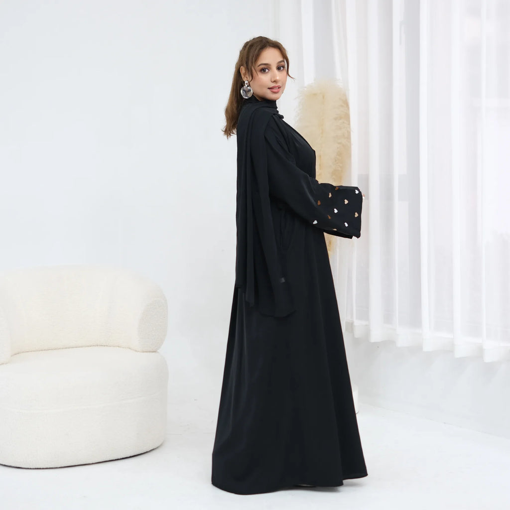 Eid Women Abaya Cardigan Love Heart Embroidery Open Dress Muslim Jalabiya Ramadan Party Caftan Arab Long Robe Morocco Kaftan