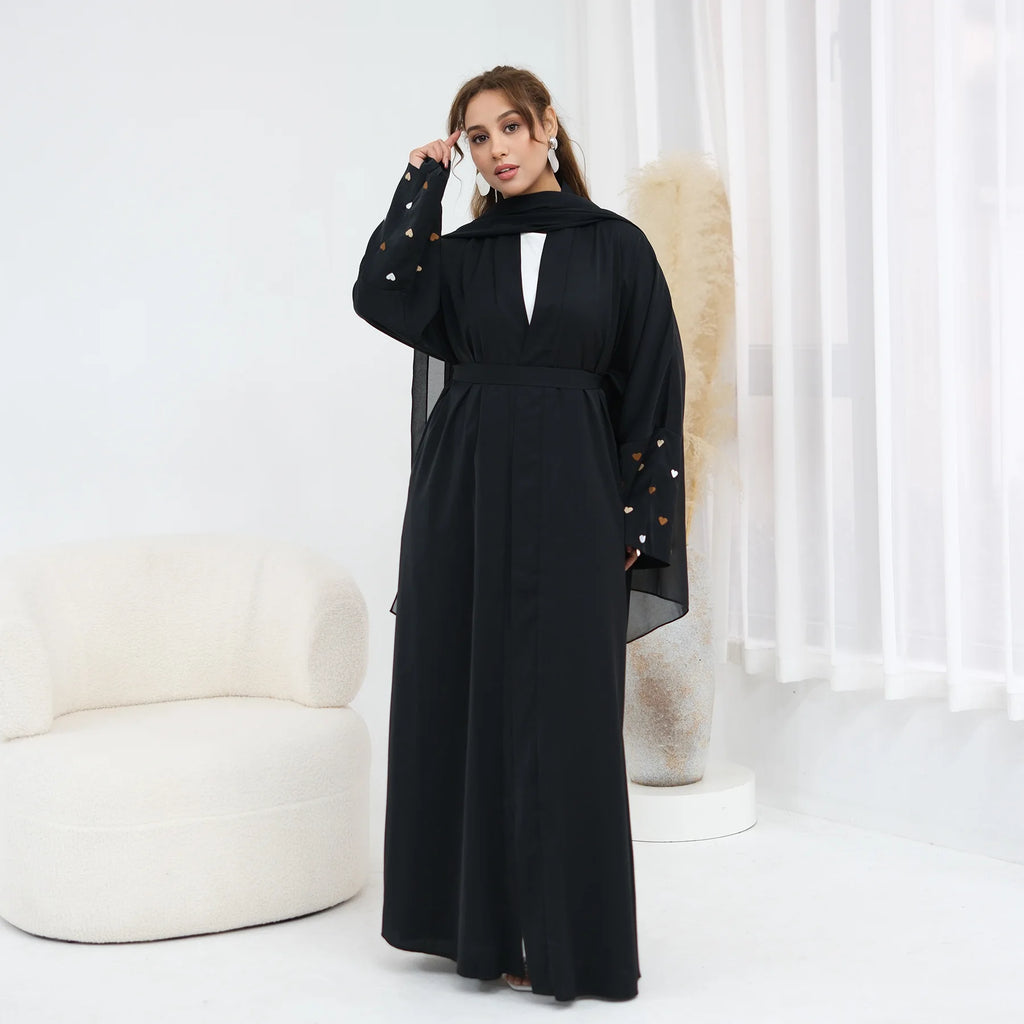 Eid Women Abaya Cardigan Love Heart Embroidery Open Dress Muslim Jalabiya Ramadan Party Caftan Arab Long Robe Morocco Kaftan