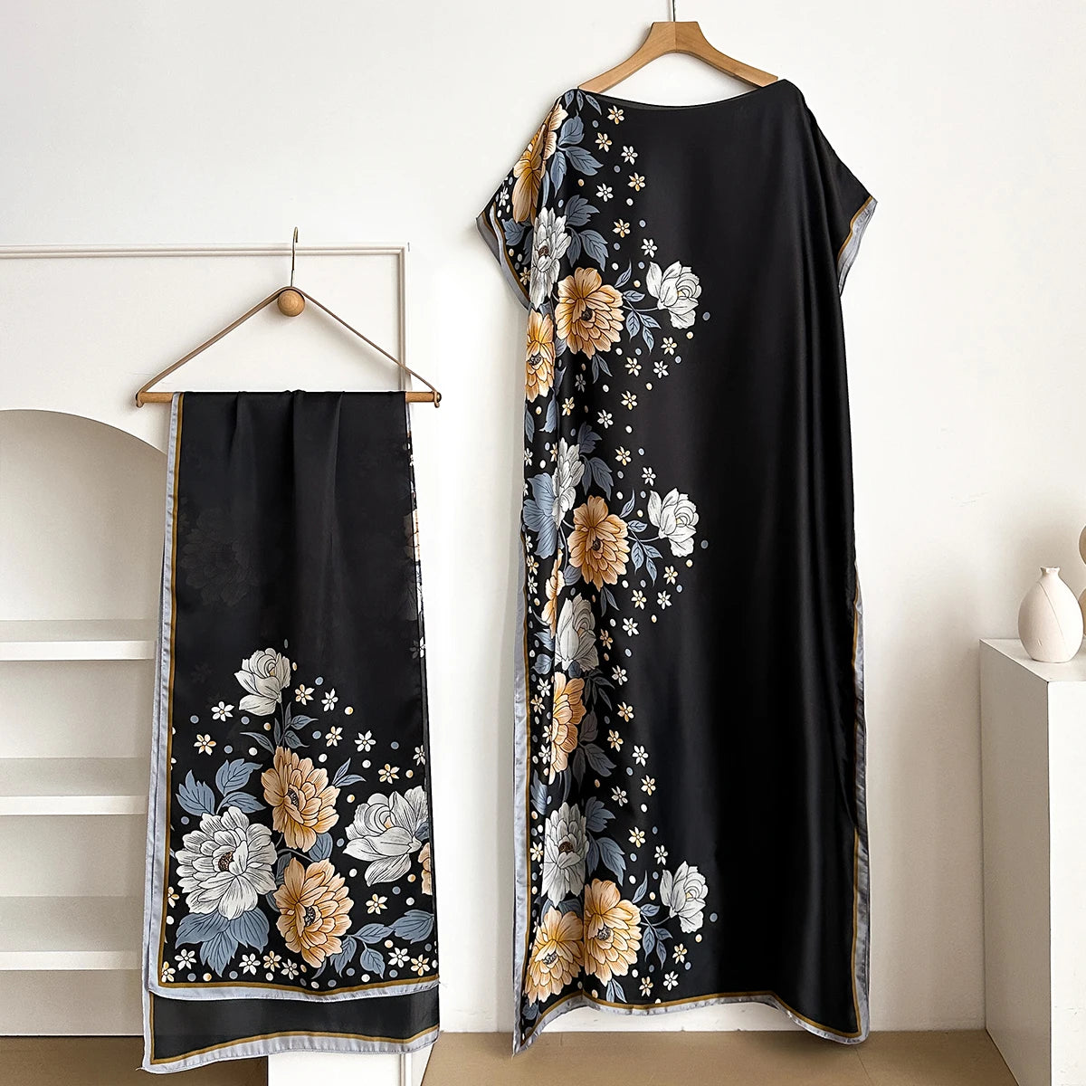 Fashion Dubai Abaya For Women Summer Short Sleeve Cotton Print Dress Loose Lady Maxi Islam African Dress With Big Scarf