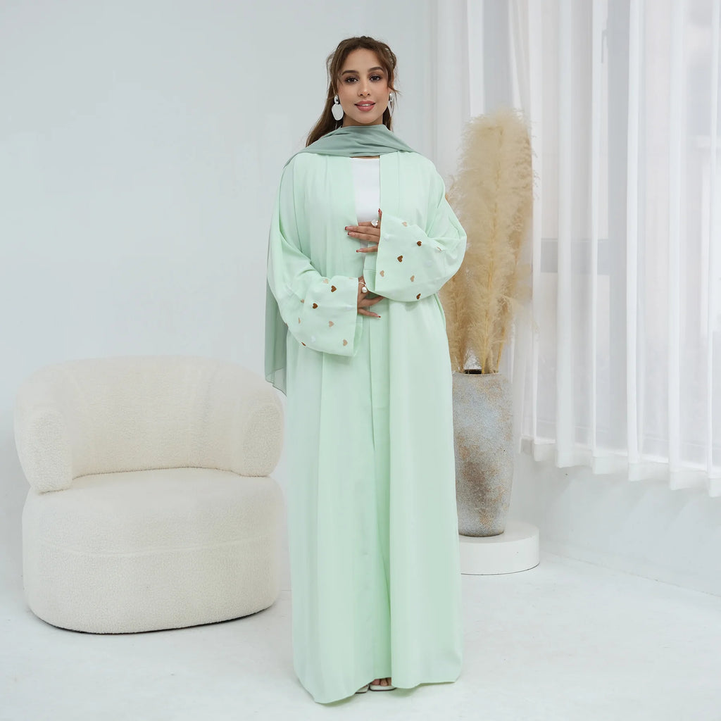 Eid Women Abaya Cardigan Love Heart Embroidery Open Dress Muslim Jalabiya Ramadan Party Caftan Arab Long Robe Morocco Kaftan