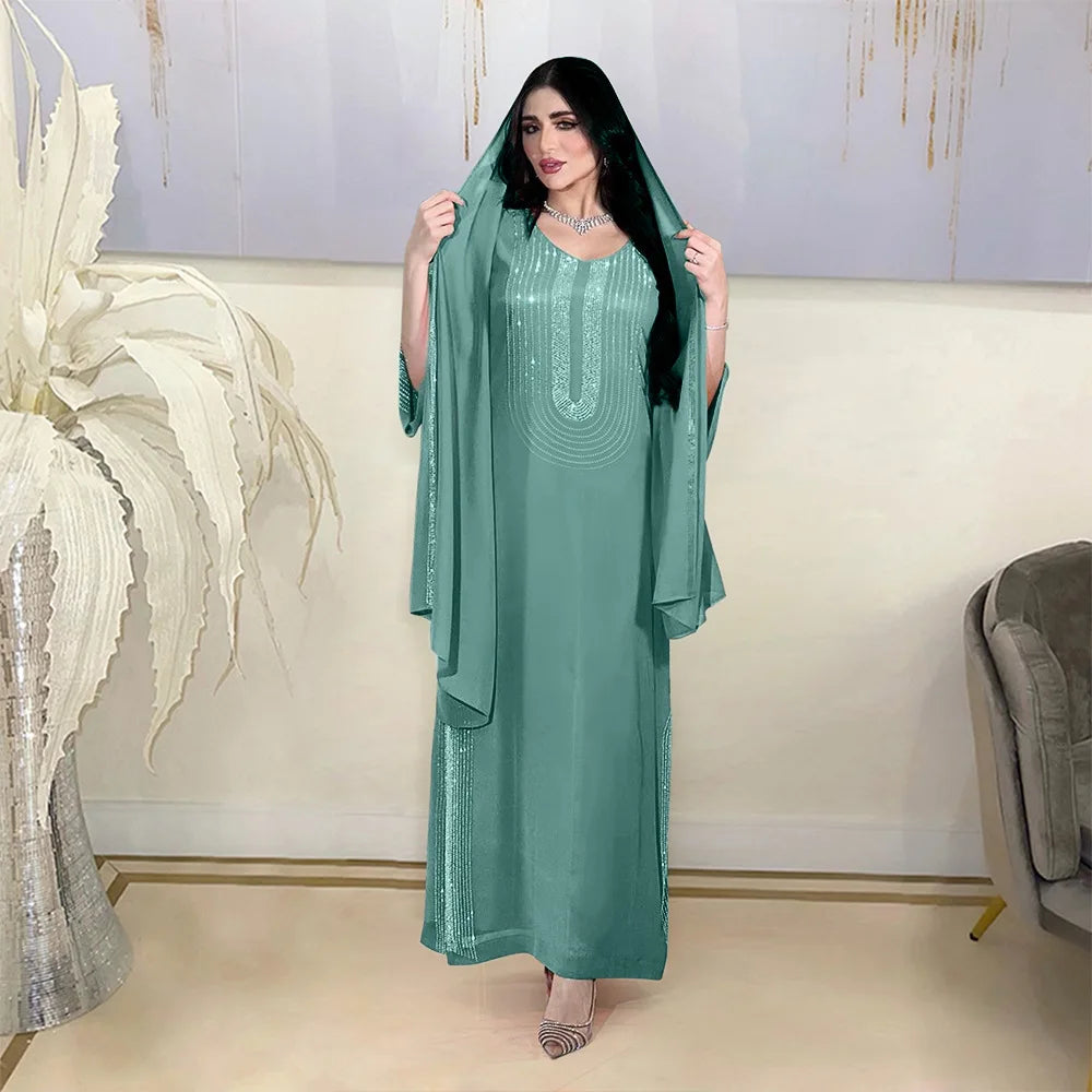 Saudi Arabic Party Dress for Women Abaya Muslim Diamond Hijab Dresses Set 2 Piece Vestidos Mujer Morocco Kaftan Abayas Robe