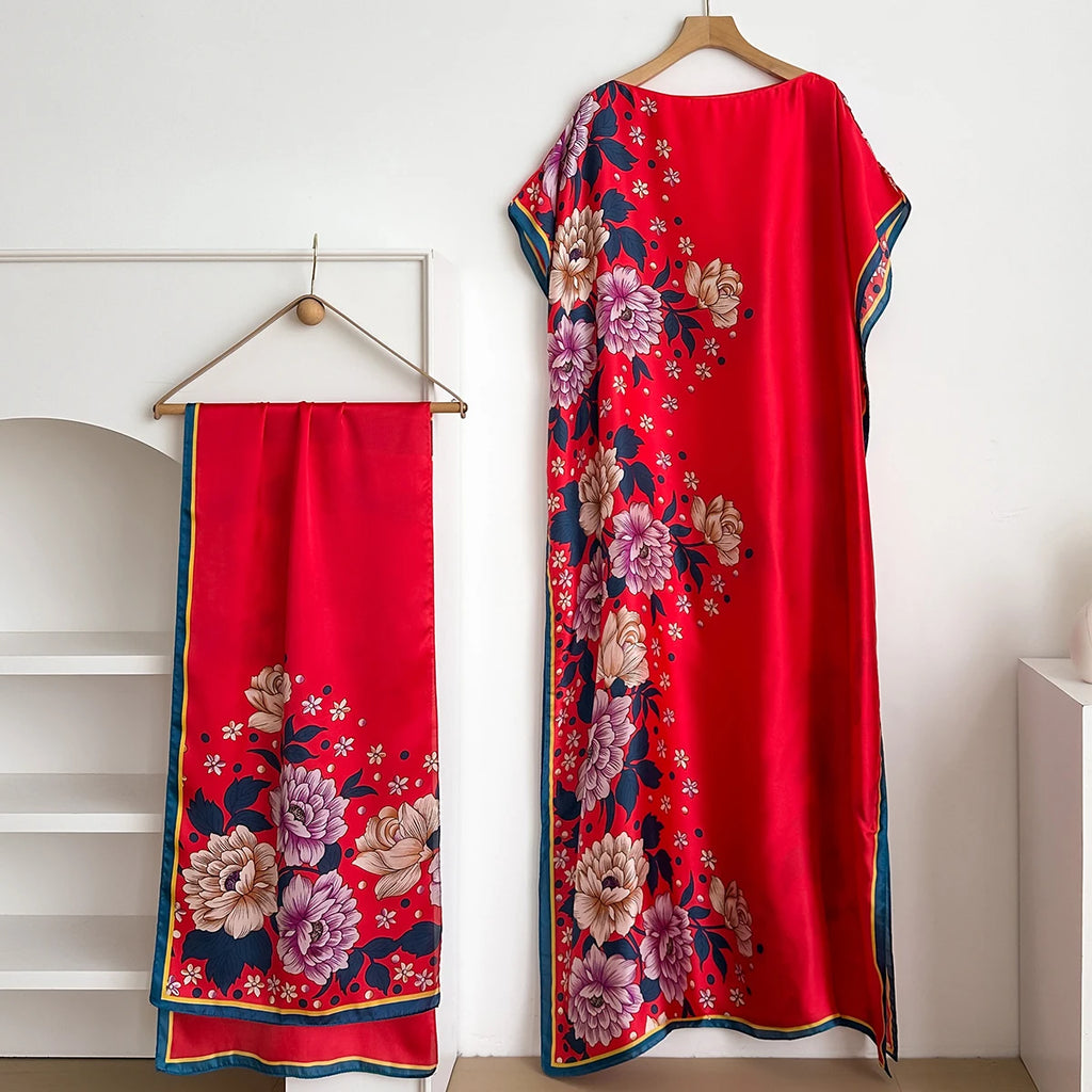 Fashion Dubai Abaya For Women Summer Short Sleeve Cotton Print Dress Loose Lady Maxi Islam African Dress With Big Scarf