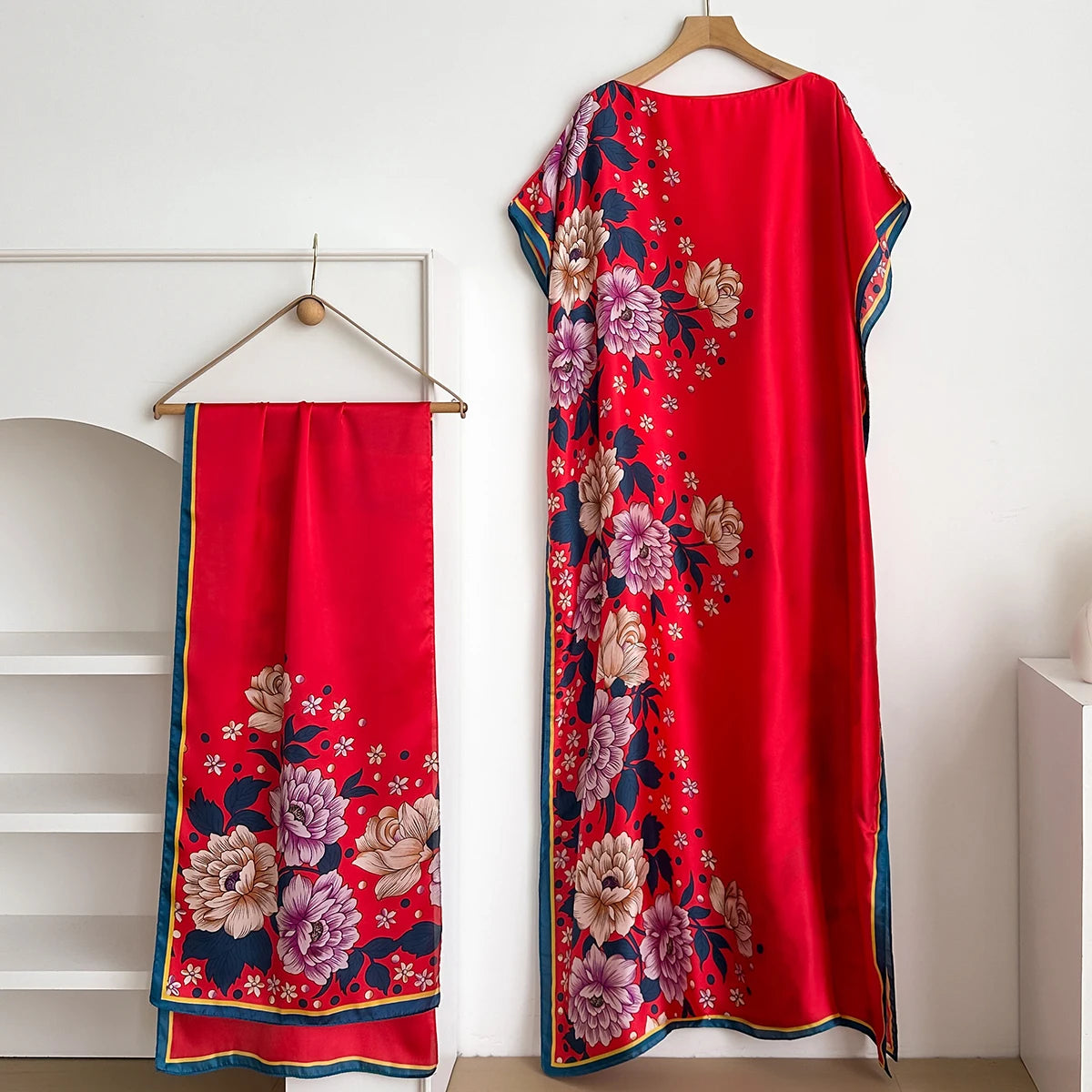 Fashion Dubai Abaya For Women Summer Short Sleeve Cotton Print Dress Loose Lady Maxi Islam African Dress With Big Scarf