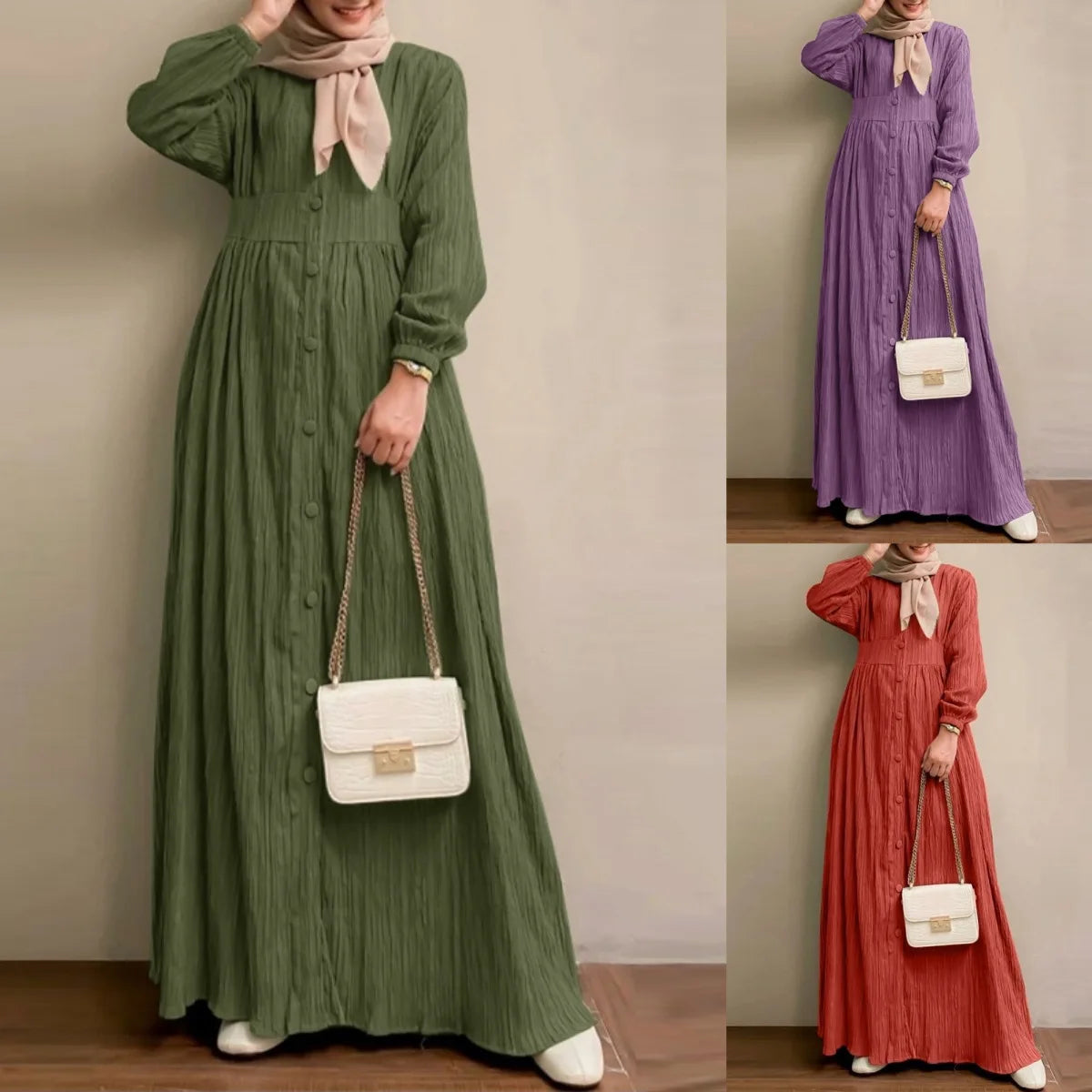 Muslim Abaya Dress Retro Long Sleeved Solid Color Long Dress Moderately Loose Long Dress for Daily Wear