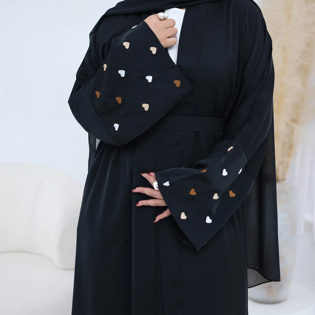 Eid Women Abaya Cardigan Love Heart Embroidery Open Dress Muslim Jalabiya Ramadan Party Caftan Arab Long Robe Morocco Kaftan