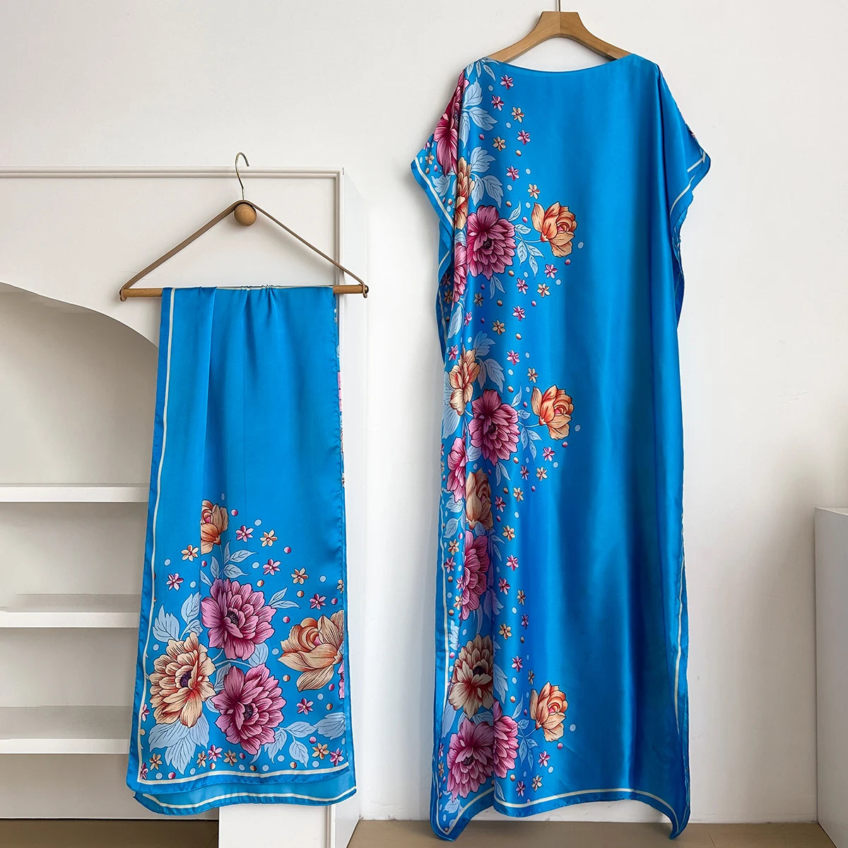 Fashion Dubai Abaya For Women Summer Short Sleeve Cotton Print Dress Loose Lady Maxi Islam African Dress With Big Scarf