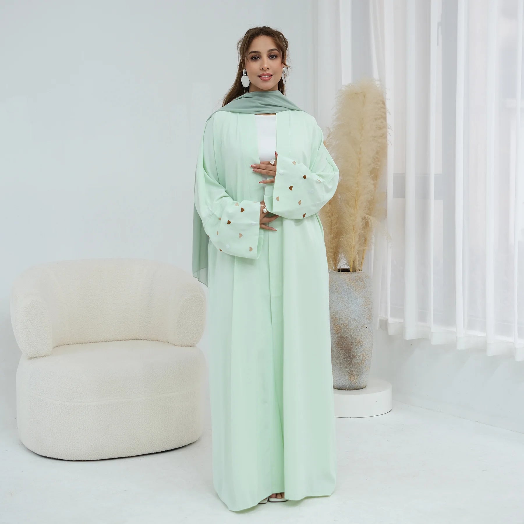 Eid Women Abaya Cardigan Love Heart Embroidery Open Dress Muslim Jalabiya Ramadan Party Caftan Arab Long Robe Morocco Kaftan