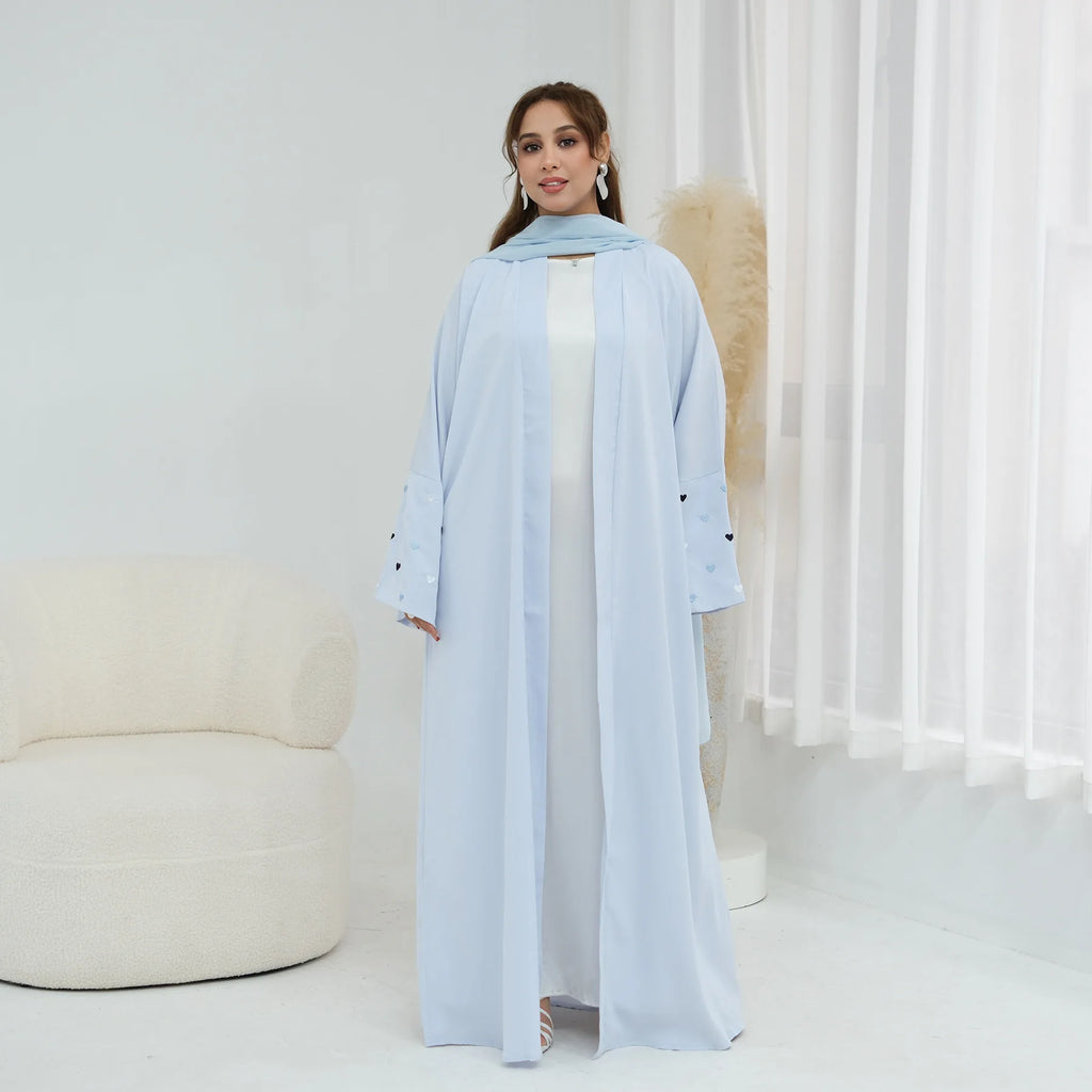 Eid Women Abaya Cardigan Love Heart Embroidery Open Dress Muslim Jalabiya Ramadan Party Caftan Arab Long Robe Morocco Kaftan