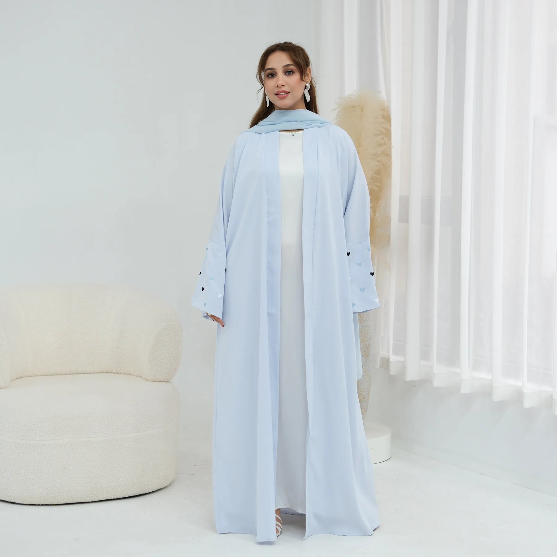 Eid Women Abaya Cardigan Love Heart Embroidery Open Dress Muslim Jalabiya Ramadan Party Caftan Arab Long Robe Morocco Kaftan