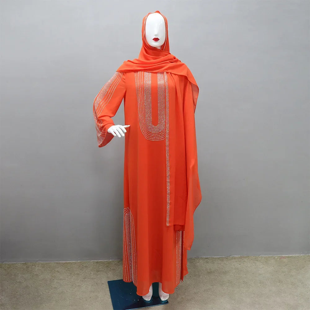 Saudi Arabic Party Dress for Women Abaya Muslim Diamond Hijab Dresses Set 2 Piece Vestidos Mujer Morocco Kaftan Abayas Robe