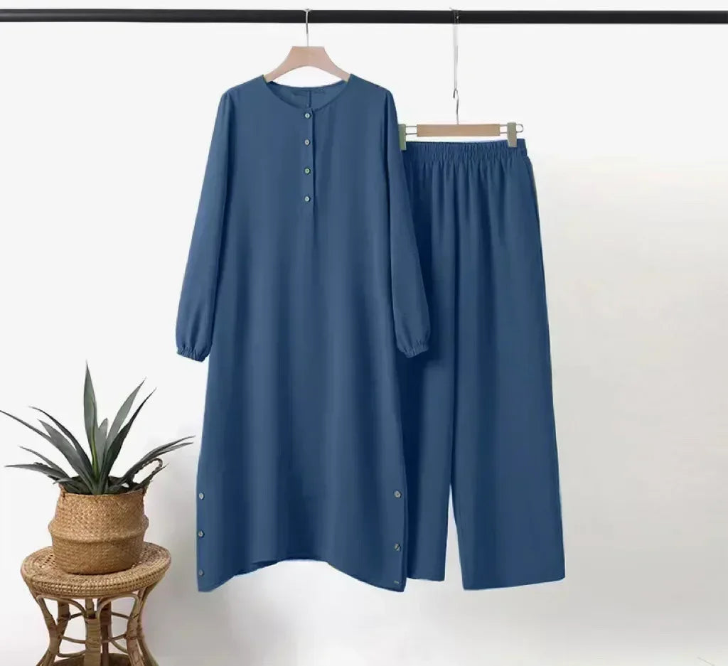 Muslim Abaya Suit Elegant Women Matching Sets Fashion Long Shirt Tops & Wide Leg Pants Ramadan Outfits Urban Tracksuits